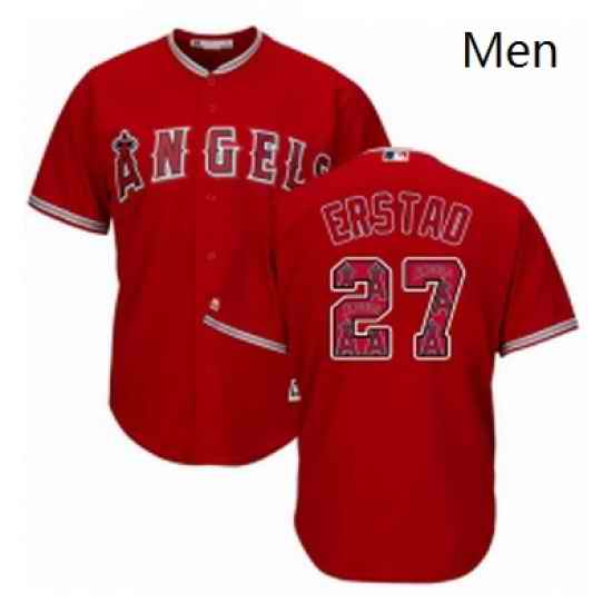 Mens Majestic Los Angeles Angels of Anaheim 27 Darin Erstad Authentic Red Team Logo Fashion Cool Base MLB Jersey